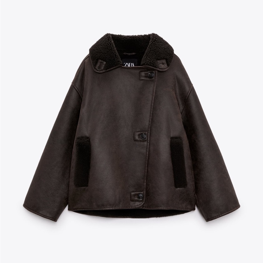 Zara double face faux Shearling Jacket dark brown